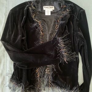 Ronni Nicole Black Velvet Top with Feather and Beaded Trim